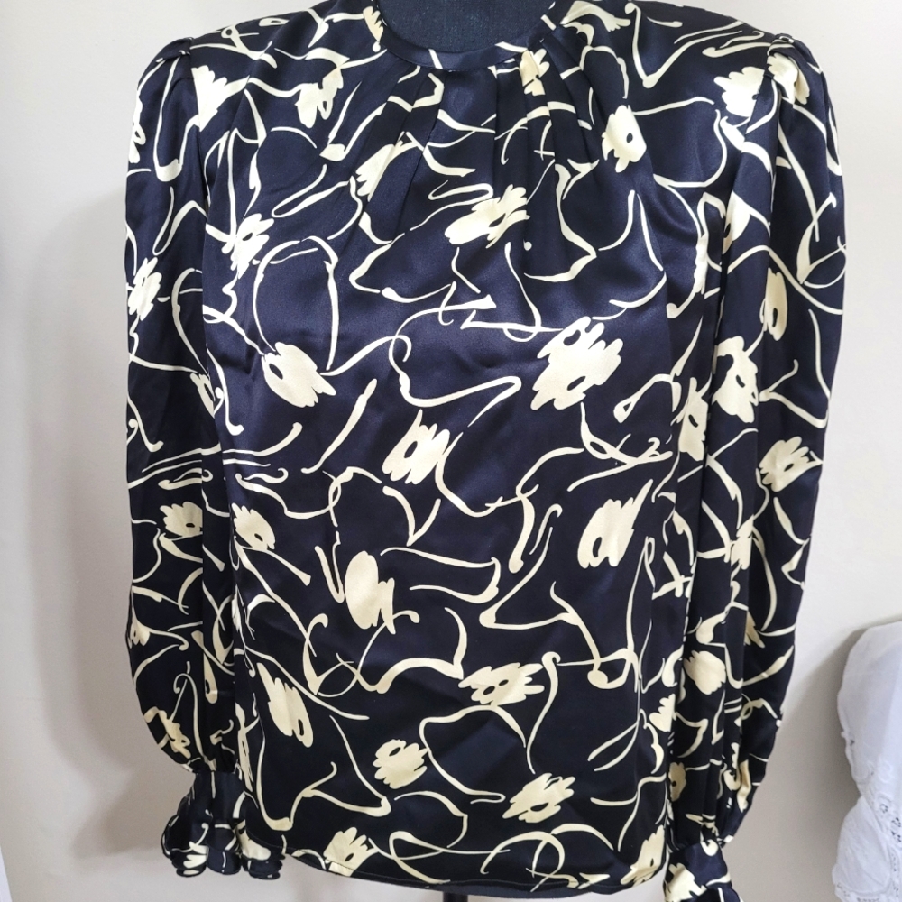 🙏 NEIMAN MARCUS Elegant Black and Cream Women's Top Sz 8 Long Sleeve Vintage